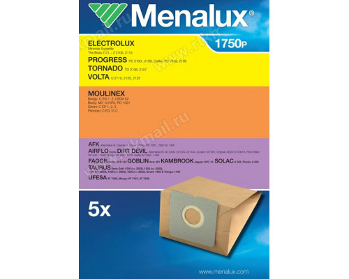 Мешки Menalux 1750P, Бумажные, для пылесоса Electrolux, Moulinex, Rowenta, Hoover (5 пылесборников)
